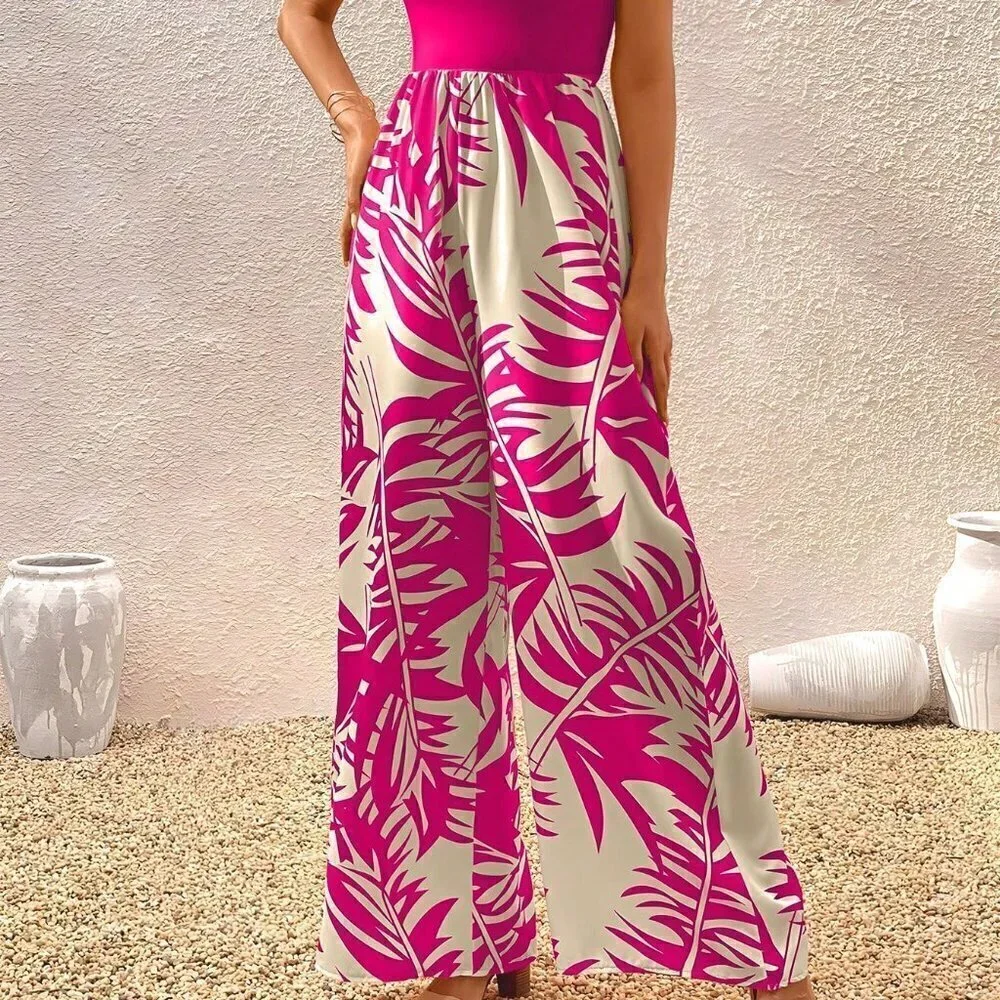 Pink Boho Womens Tropical Print Tie Backless Halter Neck Wide Leg Jumpsuit - Picture 5 of 5